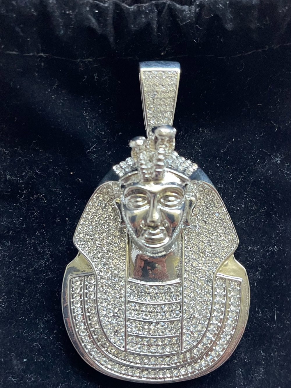 Silver-tone Pharaoh Pendant Necklace with Clear Crystal Accents